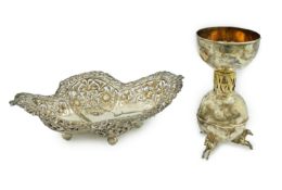 An Edwardian pierced silver lobed bowl and an Israeli cup the bowl decorated with sunflowers and