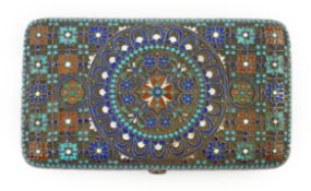 A 19th century Russian 84 zolotnik and cloisonnÃ© enamel cigarette case, decorated with stylised
