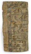 An Ancient Egyptian painted gesso, linen and wood fragment from a coffin or canopic chest, probably
