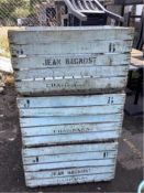 Three vintage painted wood champagne crates, width 69cm, height 39cm. Condition - weathered with