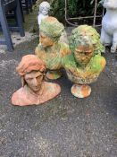 Ten assorted reconstituted stone and terracotta garden ornaments, busts and assorted animals,