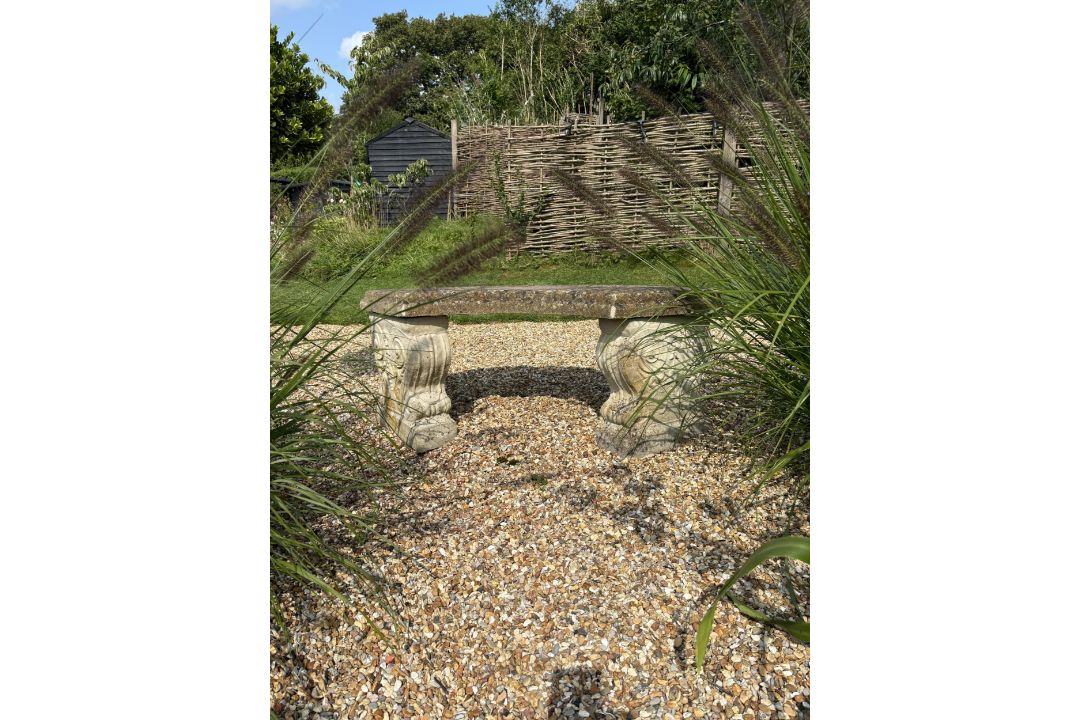 Two reconstituted stone benches, one curved, width 110cm, height 40cm, the other straight, width - Image 3 of 6