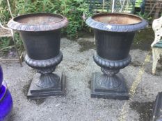 A pair of Victorian style black painted cast iron campana shaped garden urns, on square plinths,