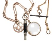Two early 20th century 9ct gold alberts, one hung with a 9ct gold masonic charm, spy glass and