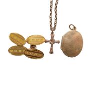 A pair of 9ct gold oval cufflinks, a 9ct chain with 9ct cross pendant and a 9ct gold oval locket,