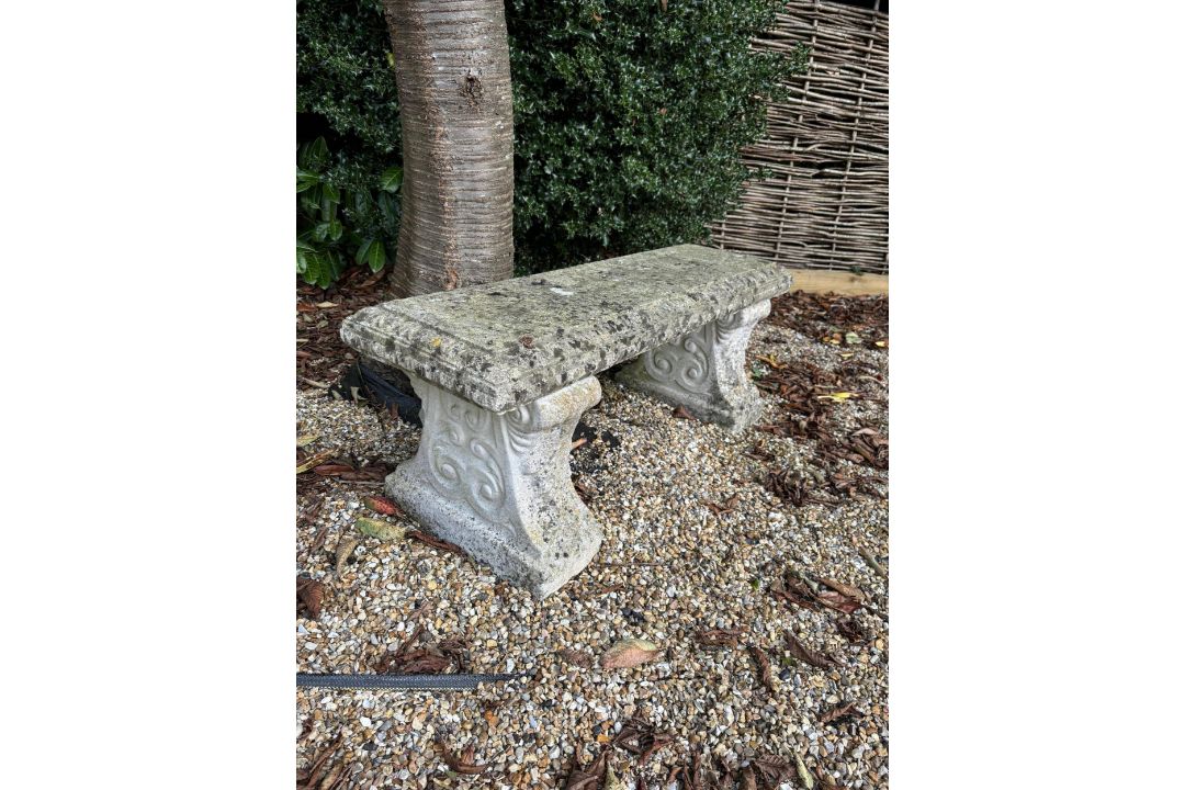 Two reconstituted stone benches, one curved, width 110cm, height 40cm, the other straight, width - Image 5 of 6