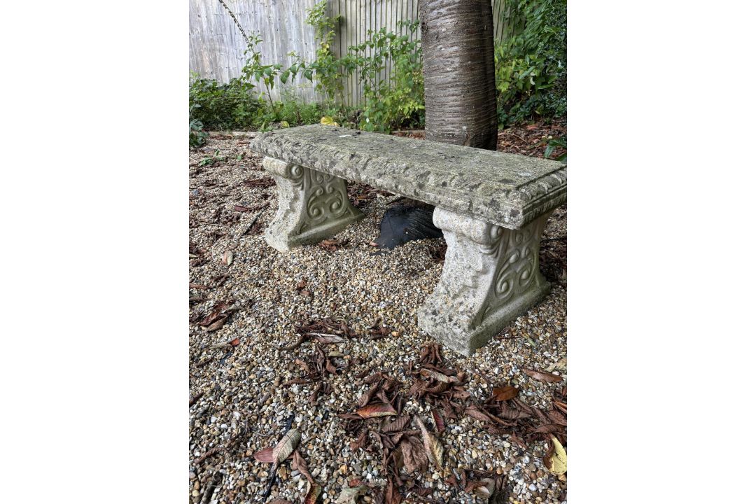Two reconstituted stone benches, one curved, width 110cm, height 40cm, the other straight, width - Image 2 of 6