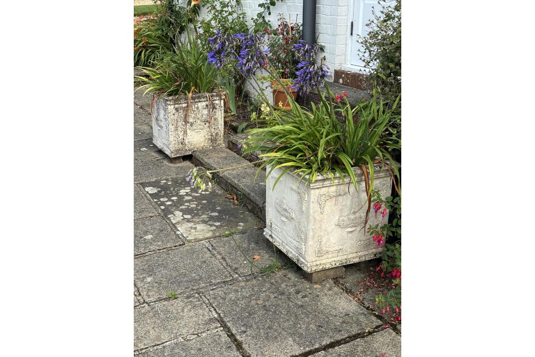 A pair of square reconstituted stone planters, height 50cm, width 50cm. planting removed, - Image 1 of 3