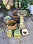 A reconstituted stone bird bath, an oak half barrel tub, a marble mortar, a sun dial, height 67cm, a