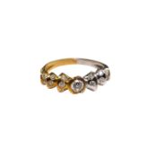 A yellow and white metal and seventeen stone diamond cluster set half hoop ring, size O/P, gross
