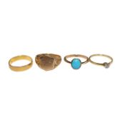 A 22ct gold wedding band, 2.6 grams, a yellow metal and solitaire diamond set ring and two 9ct