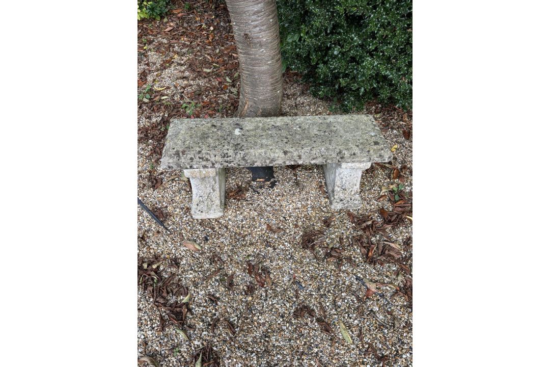 Two reconstituted stone benches, one curved, width 110cm, height 40cm, the other straight, width - Image 6 of 6