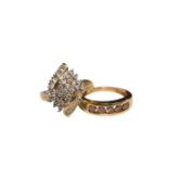 Two modern 9ct gold and diamond set rings, diamond chip cluster and five stone coloured diamond