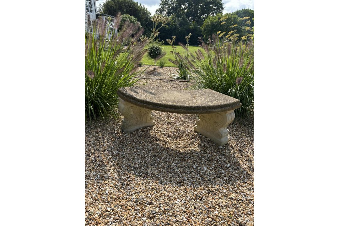 Two reconstituted stone benches, one curved, width 110cm, height 40cm, the other straight, width - Image 1 of 6