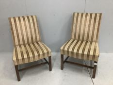 A pair of George III style upholstered mahogany side chairs, width 50cm, depth 56cm, height 94cm.