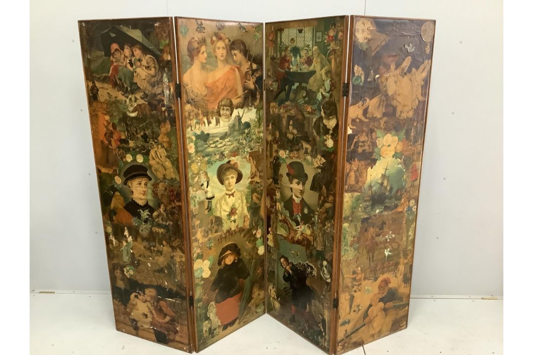 A Victorian four fold scrap screen, each panel width 57cm, height 186cm. Condition - fair to good - Image 2 of 2