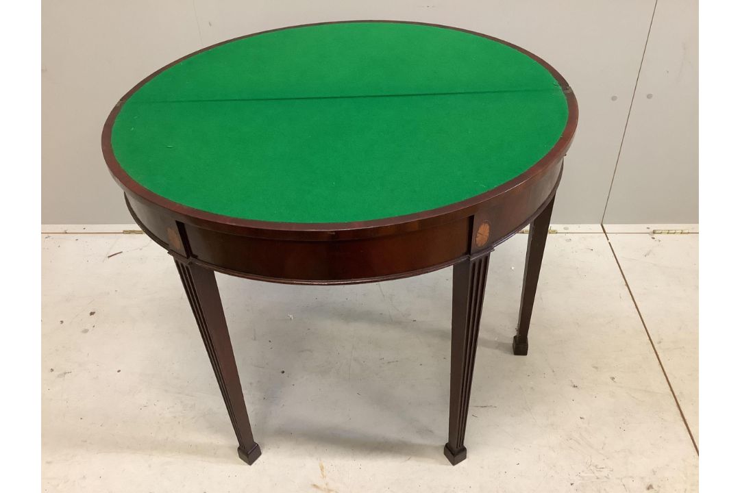 An Edwardian inlaid mahogany demi lune card table, width 91cm, height 73cm. Condition - top - Image 2 of 2