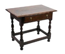 An early 18th century and later oak side table, with moulded rectangular top over a frieze drawer,