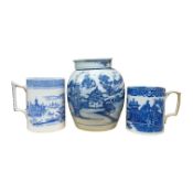 A 19th century Chinese blue and white ginger jar and cover and two pieces of Staffordshire blue-