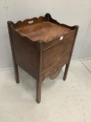 A George III mahogany tray top bedside cabinet, adapted, width 59cm, depth 46cm, height 86cm.