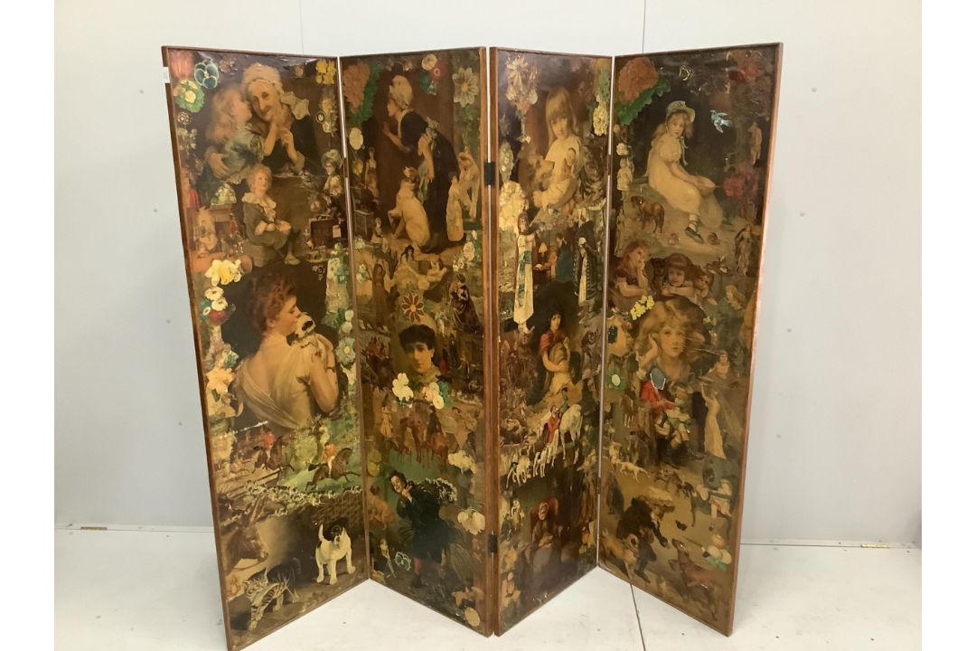 A Victorian four fold scrap screen, each panel width 57cm, height 186cm. Condition - fair to good - Image 1 of 2