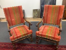 A pair of French walnut elbow chairs, with two matching side chairs, largest 65 x 55cm, height