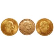 Austrian Empire gold coins, Francis Joseph I, two individual gold 1 ducat, 1915 re-strikes, UNC