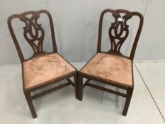 A pair of George III mahogany dining chairs with pierced splat backs, width 54cm, depth 46cm, height