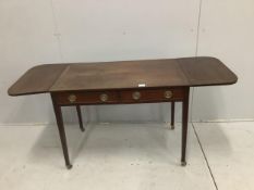 A George III mahogany drop leaf side table, width 92cm, depth 55cm, height 70cm. Condition -fair