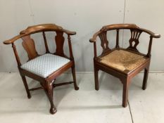 A George III mahogany corner elbow chair, width 77cm and a rush seat corner elbow chair, width 71cm.