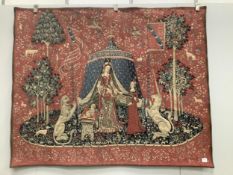 A Lady and the Unicorn hand embroidered tapestry, after the 15th century original in the Cluny