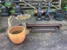 A reconstituted stone scallop shell bird bath, height 71cm, three reconstituted stone garden