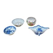 Three pieces of Chinese blue and white porcelain, including a double lipped sauceboat, 8.5cm high,