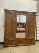 Holland & Sons, a Victorian burr walnut triple mirrored compactum wardrobe, width 225cm, depth 62cm,