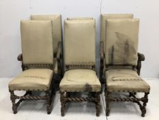 6 Carolean style carved oak dining chairs, two with arms. Condition poor to fair.