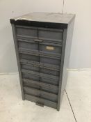 An industrial metal fourteen drawer tall chest, width 45cm, depth 48cm, height 92cm. Condition -