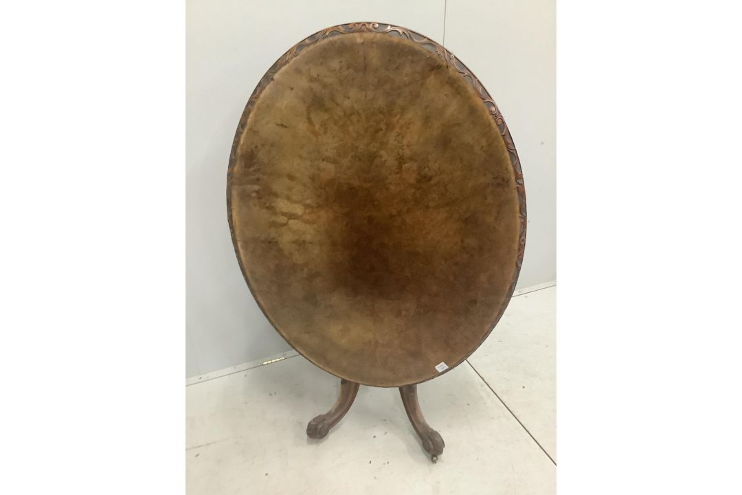 A Victorian carved walnut oval tilt top breakfast table, 120 x 92cm, height 72cm. Condition - fair - Image 2 of 3