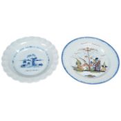 Two 18th century English delftware plates, one with bianco sopra bianco detail, 23cm diameter.