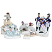 Six Victorian Staffordshire models including Death of Nelson, 21.5cm high, a deer and hound group,