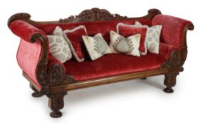A William IV mahogany settee, with foliate scroll frame and crimson cut velvet upholstery on