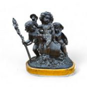 After Claude Michel Clodion (1738-1814), a bronze group of three Bacchanalian cherubs on sienna