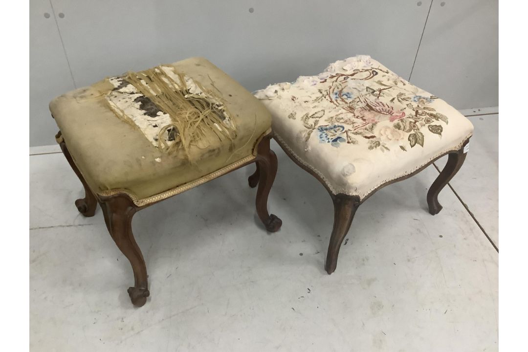 Two Victorian rosewood and mahogany dressing stools, largest width 42cm, height 42cm. Condition - - Image 1 of 2