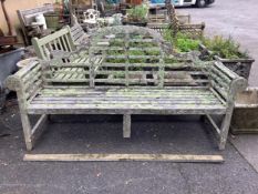 Three weathered teak Lutyens style garden benches, width 196cm, depth 57cm, height 104cm.