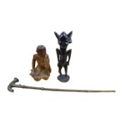 A Benin-type walking stick, 80cm long, an African tribal figure and a Chinese lacquered wood