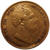 British gold coins, William IV, gold sovereign 1832, about VF, S.3829B, second bust, nose to