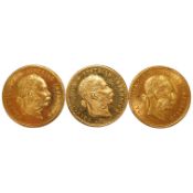 Austrian Empire gold coins, Francis Joseph I, three individual gold 1 ducat, each a 1915 re-