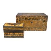 A Victorian Tunbridgeware dome-topped scent casket and a Tunbridgeware tea caddy, 23cm wide.