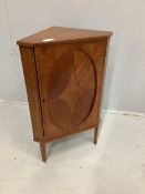 A small Edwardian satinwood corner cabinet, width 48cm, depth 29cm, height 77cm. Condition - poor to