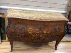 A French Louis XV style marble topped marquetry commode, width 127cm, depth 53cm, height 85cm.