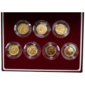 British gold coins, seven half sovereigns, Victoria to Elizabeth II, cased Royal Mint issue ‘The